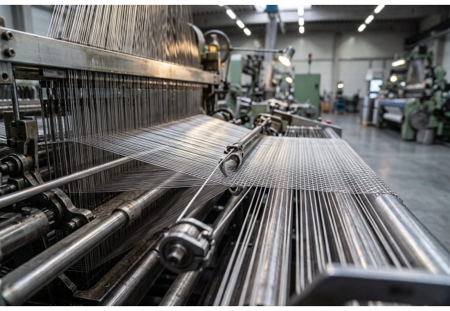 Processo di tessitura della rete in acciaio inossidabile Stainless steel wire mesh weaving machine in operation with warp and weft wires being interlaced